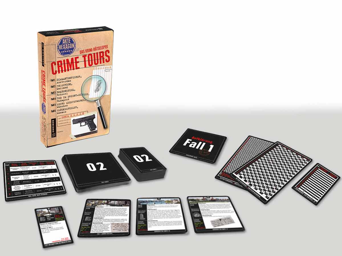 Crime Tours: Akte Hexagon - Das Krimi-Rätselspiel - Aufbau und Schachtel - Foto von Gmeiner