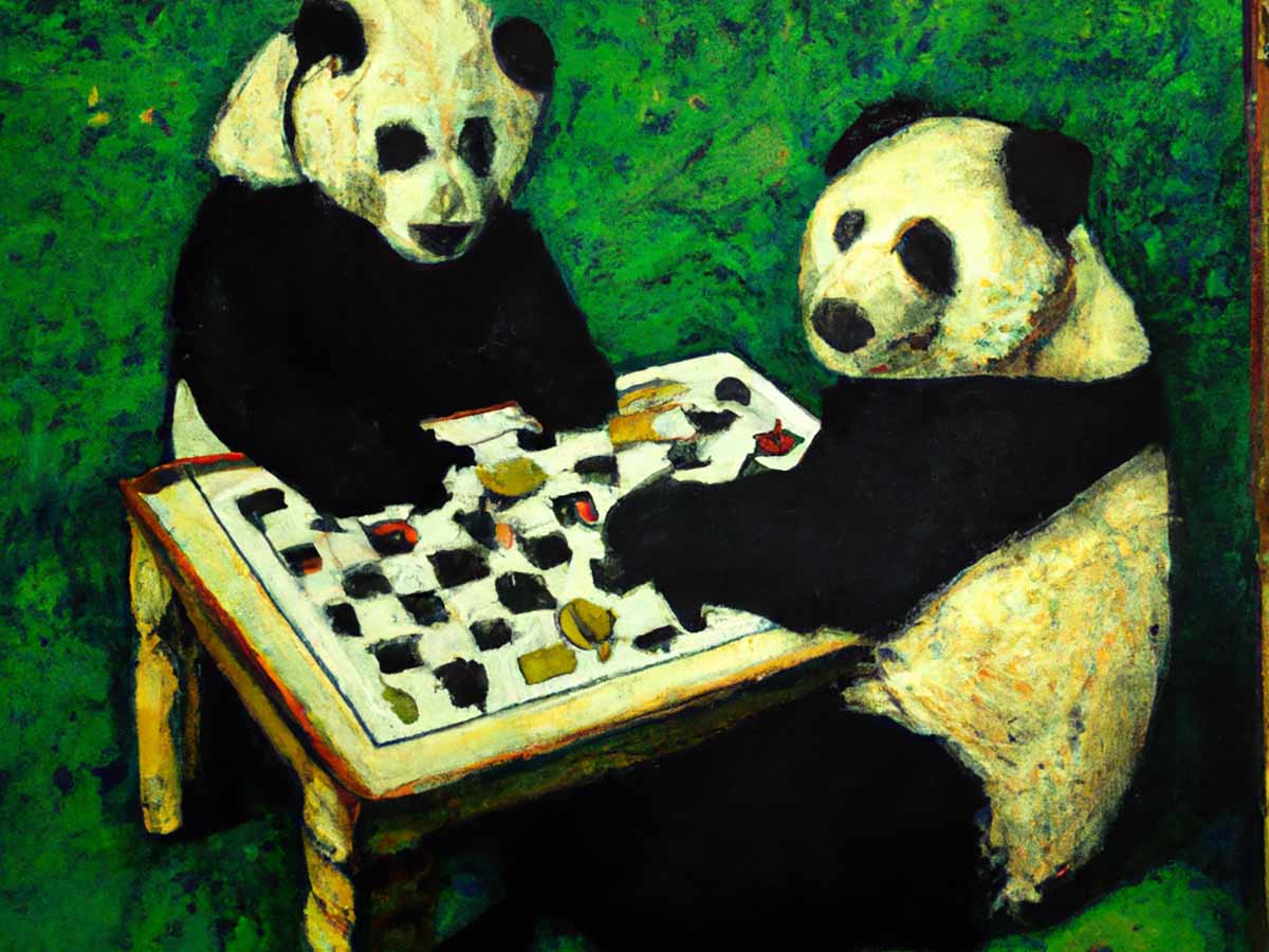 Pandas spielen zu zweit ein Brettspiel, Stil nach Van Gogh, generiert mit dall-e