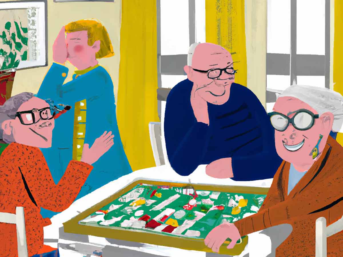 Vier ältere Personen spielen Seniorenspiele - generiert mit dall-e