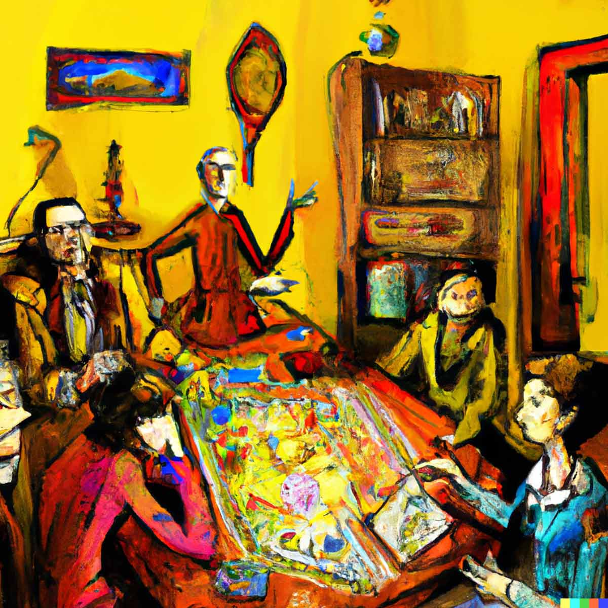 Spielrunde diskutiert über Spiel, Kunst-Stil zwischen van Gogh und Impressionismus, generiert von dall-e